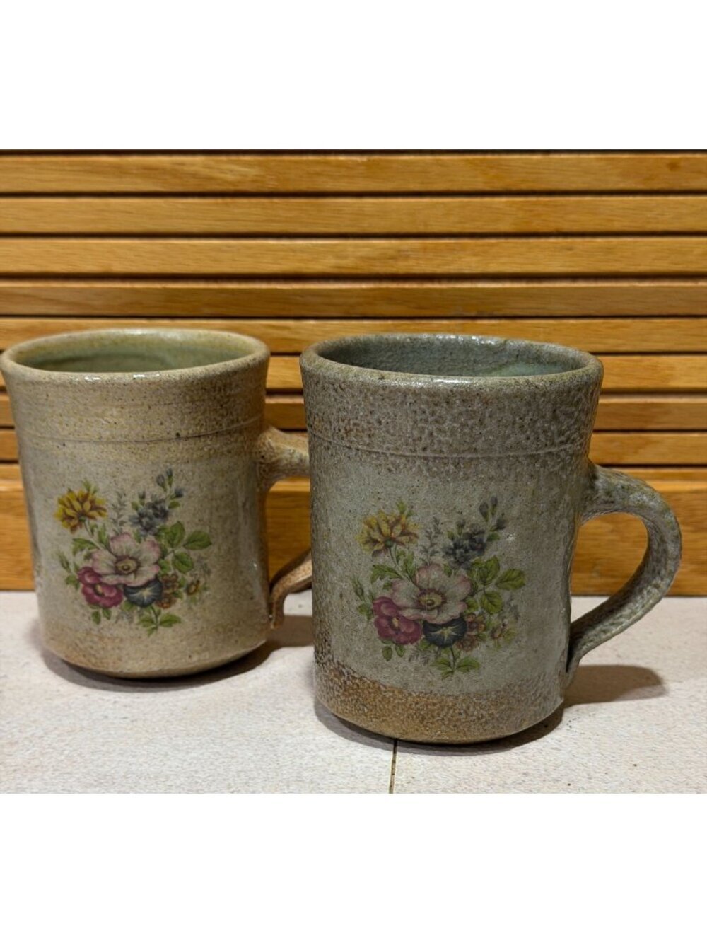 Vintage Monroe Salt Works Maine Floral 3.5" Mugs Set of 2 Salt Glazed 8oz